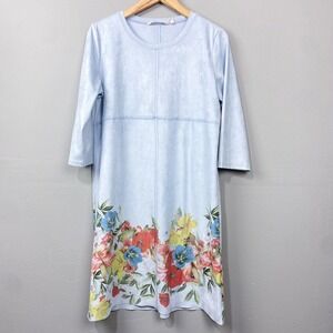 Soft Surroundings Faux Suede Tunic Dress Size L Blue Floral‎ Artsy Boho Stretch